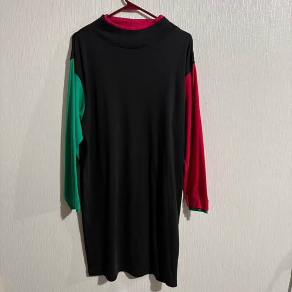 Vintage Mock Neck Tunic Shirt Dress Long Sleeve Black Green Red 80s 90s Size 16
